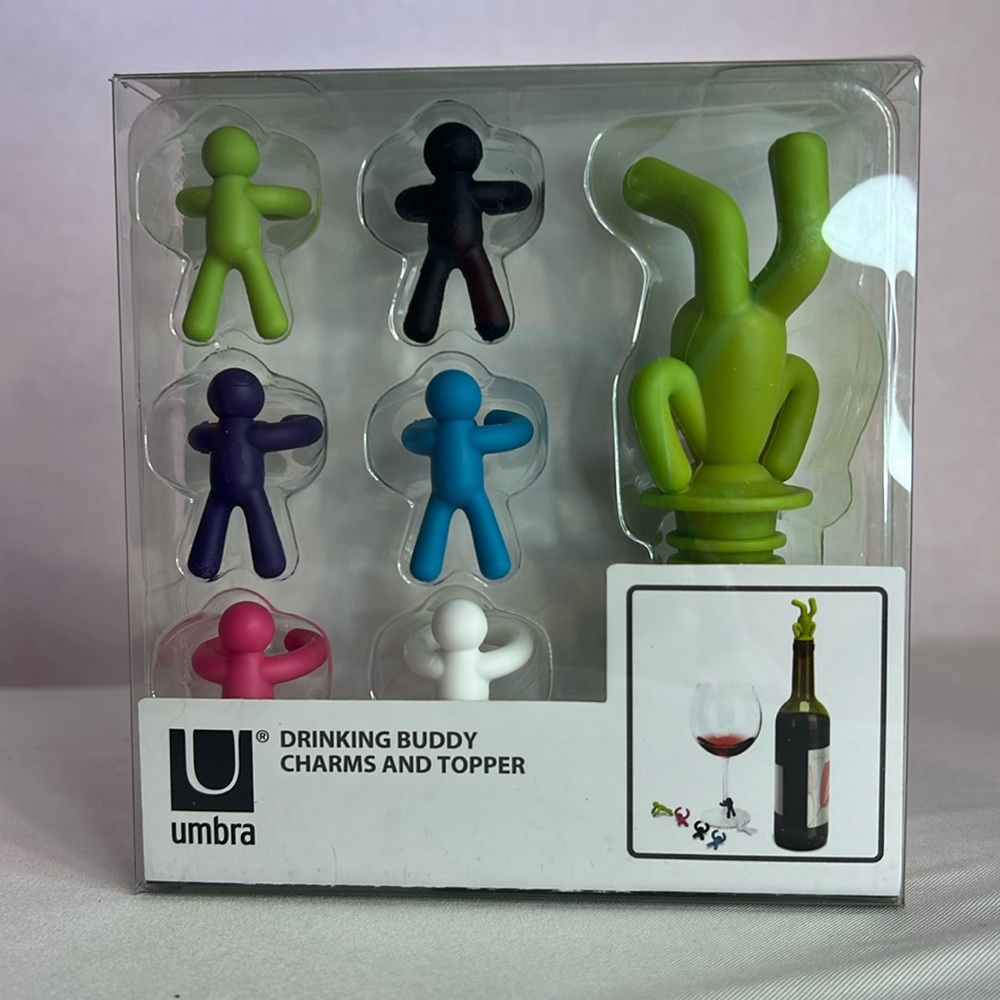 Umbra Drinking Buddy Wine Glass Charms Set Bottle Stopper Colorful Drink Markers